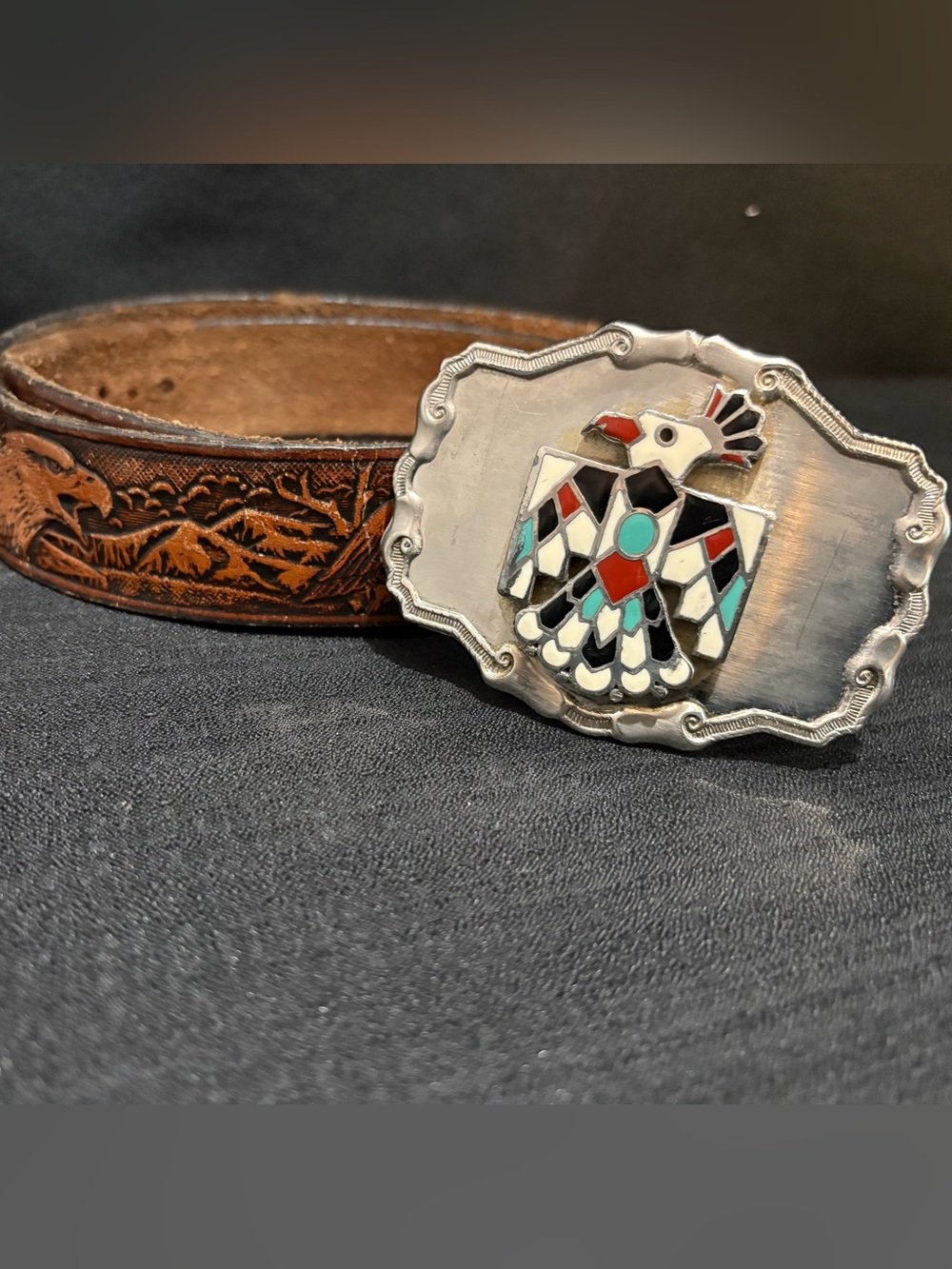 VTG. Raintree Native Southwest Thunderbird Silver Belt Buckle Leather Belt 77-81